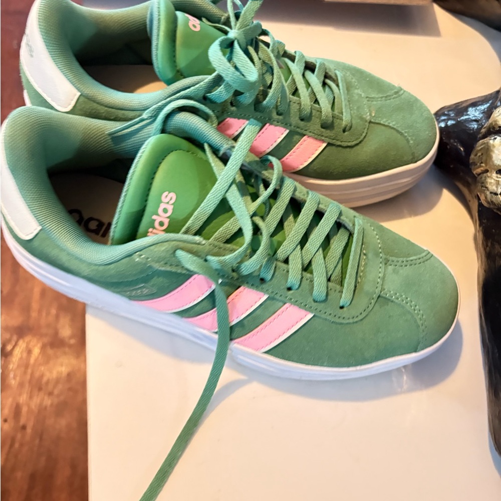 Adidas  Green Sneakers with Pink Stripes